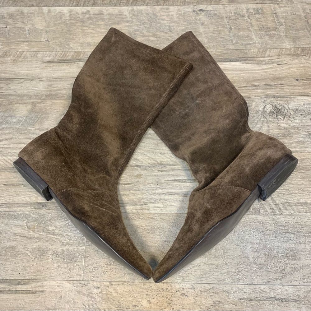 Bakers Brown Suede Pointy Toe Mid Calf Boots
